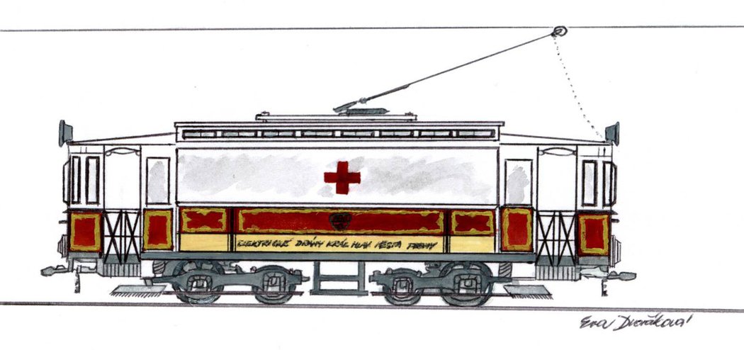 Barevné provedení jedné ze čtyřnápravových sanitních tramvají, které se rozjely na pražské koleje. Cesta zraněných vojáků do nemocnic byla zdlouhavá, protože obnášela jejich časté přenášení. Bylo to ovšem kapacitně přijatelné, jelikož žádná jiná lepší alternativa neexistovala. Zdravotnických automobilů bylo málo, měly nízkou kapacitu a bylo pro ně málo pohonných hmot. Na tehdejší dobu bylo převážení raněných tramvajemi velmi pokrokové. 