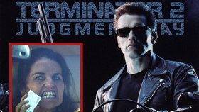 Arnold Swarzenegger na plakátu filmu Terminátor 2: Soudný den. Na menším snímku jeho manželka Marie Shiverová, s níž se rozvádí.