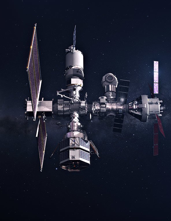 Měsíční orbitální stanice Gateway, na které budou astronauti přestupovat mezi vesmírnou lodí Orion a přistávacím moduelm během mise Artemis