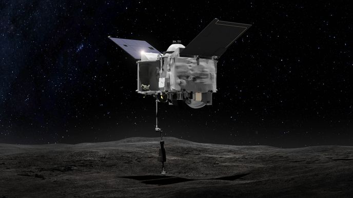 Sonda OSIRIS-REx nad planetkou Bennu.