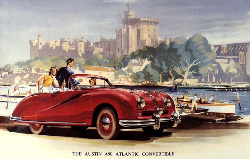 Reklamní kresba kabrioletu Austin A90 Atlantic potvrzuje, že se do něj vešly čtyři dospělé osoby.