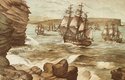 Dobová litografie 11 britských lodí, které v květnu 1788 jako první dorazily do Austrálie