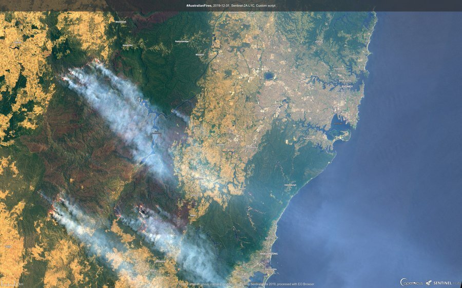 Satelitní snímek požárů v Austrálii, (02.01.2020)
