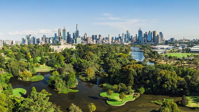 Měkké ranní světlo lichotí odstínům svěží zelené v Královské botanické zahradě. Z ptačí perspektivy se kocháme pohledem na panorama CBD.