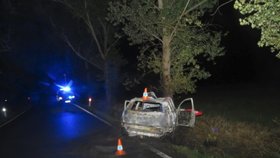 Vážná nehoda u Českých Budějovic. Mladík (19) boural do stromu, auto začalo krátce poté hořet.
