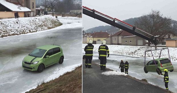Kuriózní nehoda: Žena dostala smyk a »zaparkovala« auto na zamrzlé hladině 