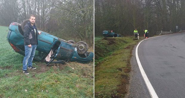 Auto vyletělo ze silnice a převrátilo se na střechu: Zraněné z vozidla holýma rukama vyprostil policista!