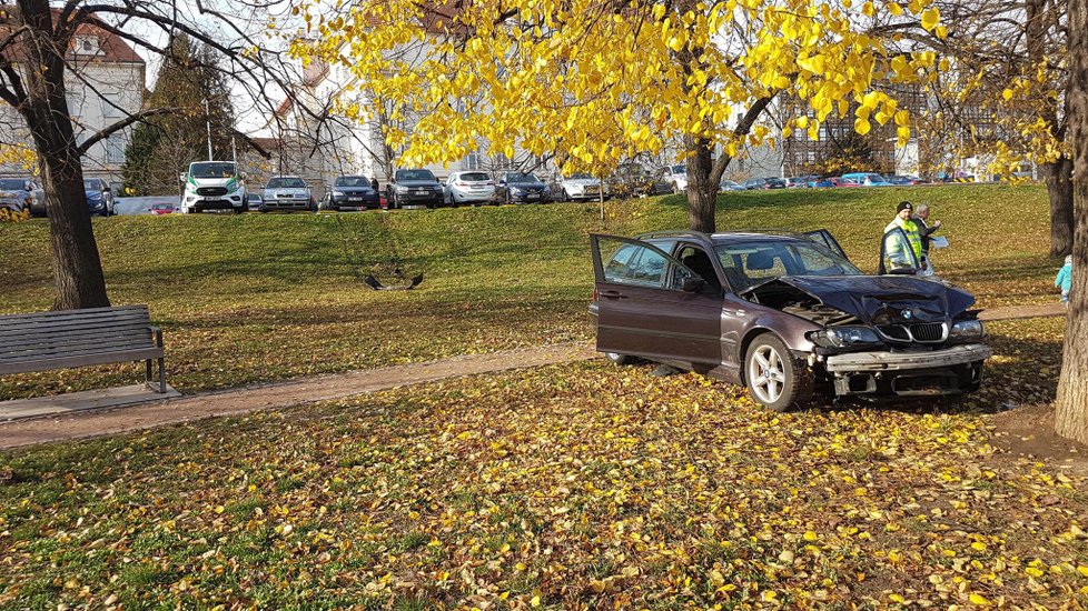 Tento týden si řidička patrně spletla brzdu a plyn. BMW projelo Björnsonovým parkem a zastavilo se o strom.