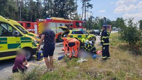 Vážná bouračka u Plzně: U dálničního přivaděče se srazily čtyři škodovky, jedna vzplála