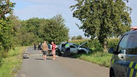 Kradené auto skončilo po bouračce u Žiželic zdemolované.