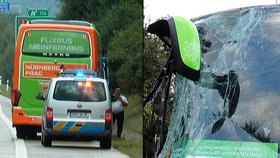Řidič německého autobusu se vyhýbal srnce a sjel s vozem do příkopu. Prorazil dálniční značku. Zranili se tři lidé.