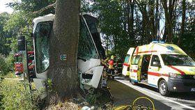 Autobus na Olomoucku narazil do stromu: Všichni jsou zranění, řidiče museli vyprošťovat