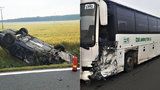 Autobus odpálil po srážce auto na střechu: Řidič osobáku skončil v nemocnici