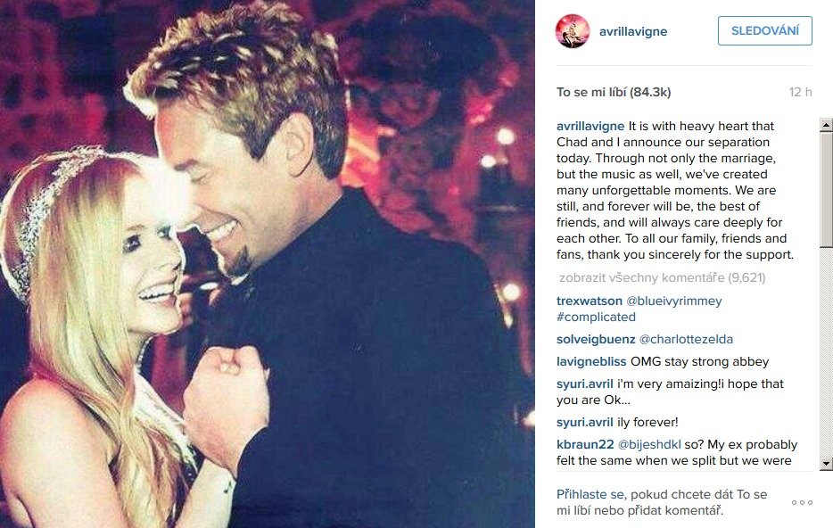 Avril Lavigne oznámila rozchod s frontmanem Nickelbacku na Instagramu.