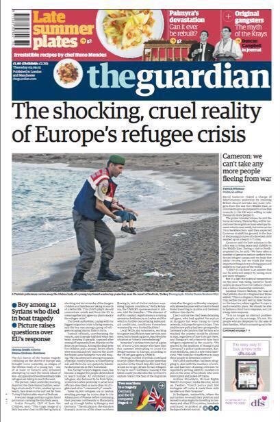Fotky utopeného chlapce šokovaly svět: Titulní strana The Guardian