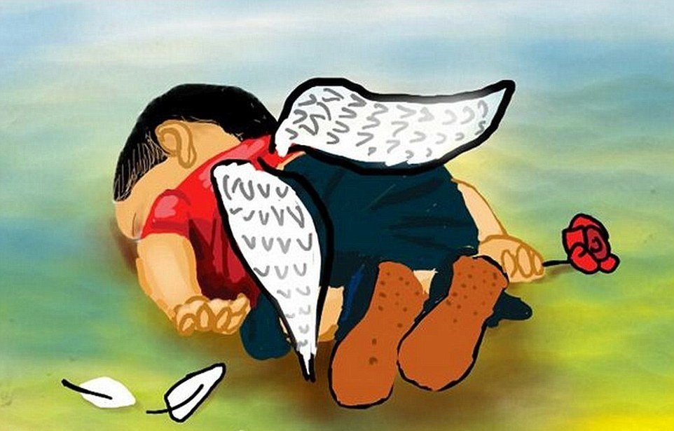 Srdceryvné malby umělců, které znázorňují smutek nad utonutím malého syrského zprchlíka.