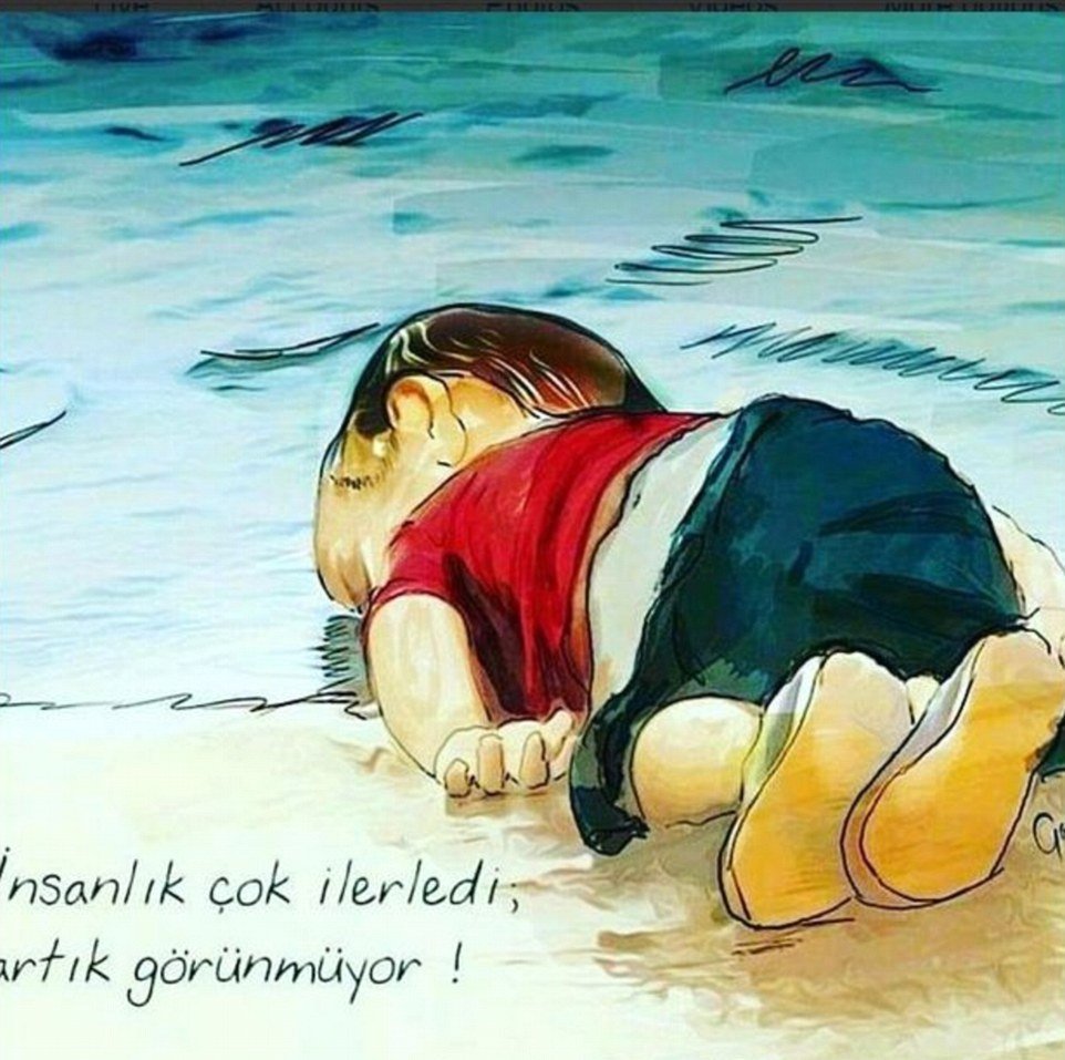 Srdceryvné malby umělců, které znázorňují smutek nad utonutím malého syrského uprchlíka.