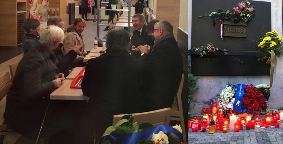 Pamětní deska na Národní třídě a šéf ANO Andrej Babiš se svým týmem v restauraci KFC