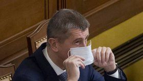 Vicepremiér Andrej Babiš (ANO) s rouškou na jednání Sněmovny (8. prosince 2016)