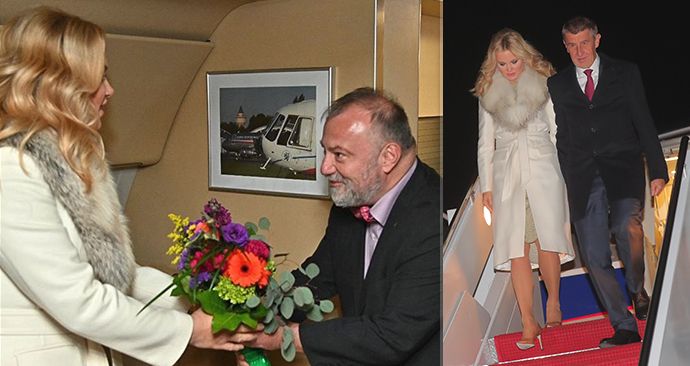 Premiér Andrej Babiš (ANO) s manželkou Monikou při příletu do USA. A kytice od velvyslance Hynka Kmoníčka (5. 3. 2019).