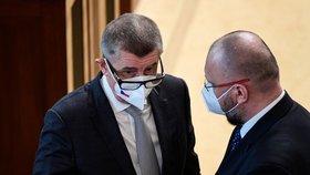 Premiér Andrej Babiš (ANO) a poslanec KDU-ČSL Jan Bartošek (vpravo) na schůzi Poslanecké sněmovny (26. 3. 2021)