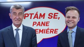 Andrej Babiš s moderátorem pořadu Ptám se, pane premiére Jakubem Veinlichem ve studiu Blesku