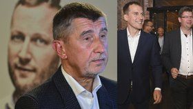 Andrej Babiš (ANO) se svým lídrem pro Prahu Petrem Stuchlíkem (vlevo) a Jan Čižinský (Praha sobě) i Jiří Pospíšil (TOP 09)