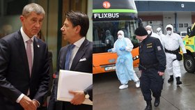 Český premiér Andrej Babiš (ANO) a jeho italský protějšek Giuseppe Conte na jednání v Bruselu v březnu 2019 a kontrola autobusu v Rozvadově (9. 3. 2020)