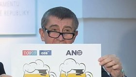 Ministr financí Andrej Babiš (ANO) si do Sněmovny přinesl názorné pomůcky. Tentokrát se týkaly slev na pivo.