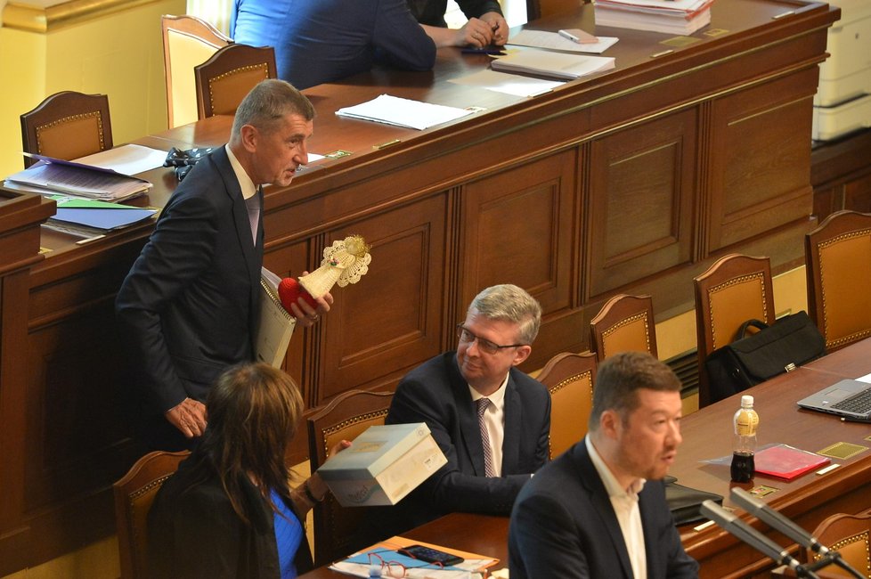 Premiér Babiš ve Sněmovně, vpravo vicepremiér Havlíček