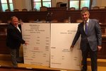 Vicepremiér Andrej Babiš (ANO) a poslanec ČSSD Vítězslav Jandák představují sněmovním kolegům velké makety účtenek pro elektronickou evidenci.