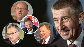 Vicepremiér Andrej Babiš (ANO, vpravo) a jeho rivalové Bohuslav Sobotka (ČSSD), Miroslav Kalousek (TOP 09) a Petr Fiala (ODS) pohledem politologa Jana Kubáčka