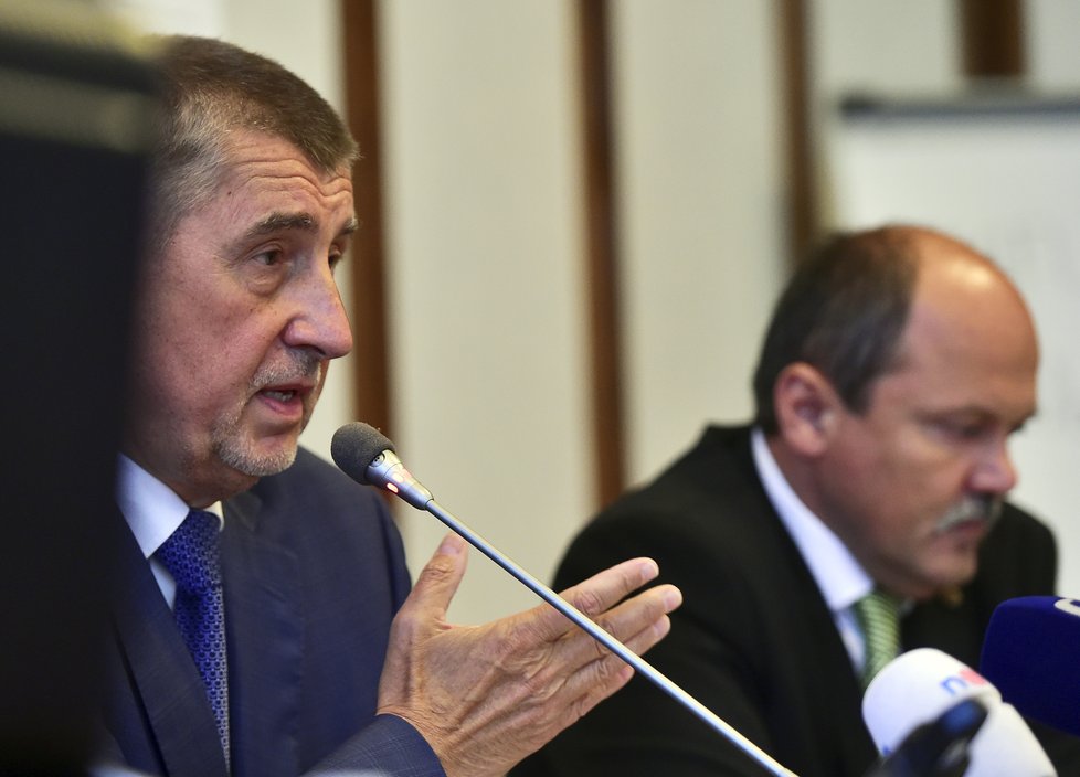 Premiér v demisi Andrej Babiš (ANO) na tiskové konference po jednání meziresortní skupiny ke kalamitní kůrovcové situaci v lesích ČR.