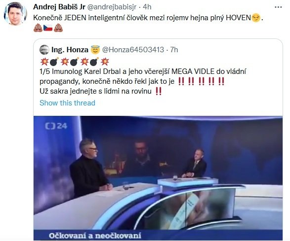 Ukázka vulgární a pobuřující komunikace na Twitteru Andreje Babiše mladšího