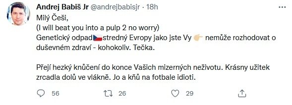 Ukázka vulgární a pobuřující komunikace na Twitteru Andreje Babiše mladšího