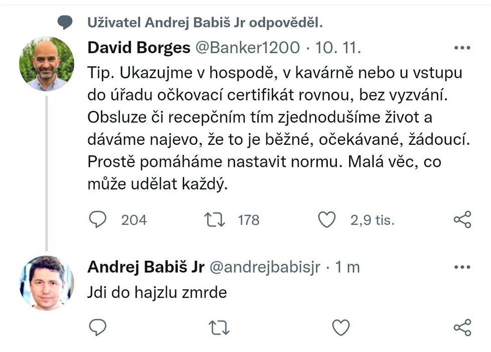 Ukázka vulgární a pobuřující komunikace na twitteru Andreje Babiše mladšího