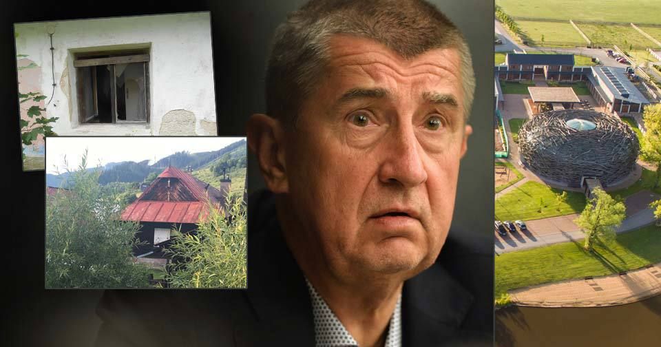 Andrej Babiš (ANO), vlevo jeho prodávané nemovitosti na Slovensku, vpravo Čapí hnízdo