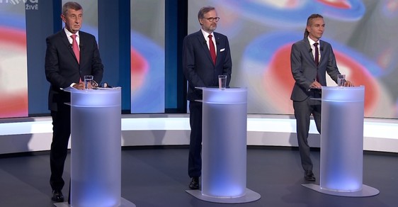 Debata kandidátů na premiéra na TV Nova: Předseda vlády Andrej Babiš (ANO), předseda ODS Petr Fiala a předseda Pirátů Ivan Bartoš (7.10.2021)