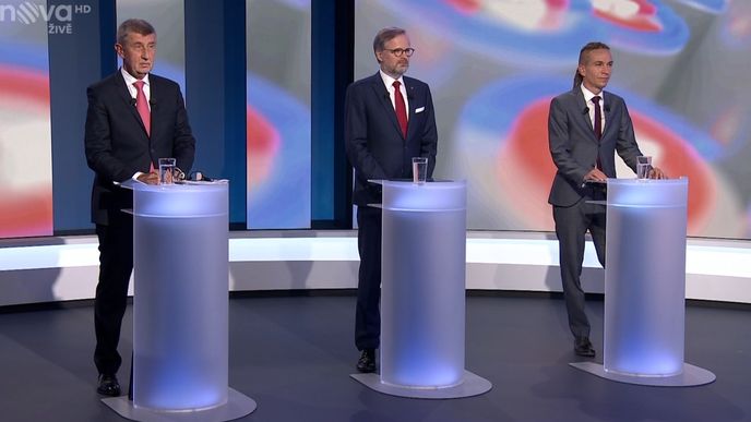 Debata kandidátů na premiéra na TV Nova: Předseda vlády Andrej Babiš (ANO), předseda ODS Petr Fiala a předseda Pirátů Ivan Bartoš (7.10.2021)