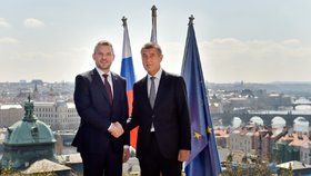 Slovenský premiér Peter Pellegrini na návštěvě Česka. Babiš ho uvítal v Kramářově vile. 11.4.2018.