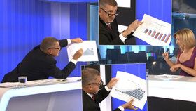 Premiér Andrej Babiš (ANO) na Primě s grafy a moderátorkou Terezií Tománkovou (2. 9. 2018)