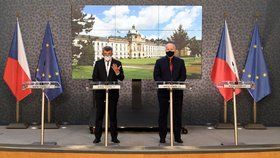 Premiér Andrej Babiš (ANO) a ministr zdravotnictví Roman Prymula (za ANO) na tiskové konferenci ohledně nových opatření (9.10.2020)