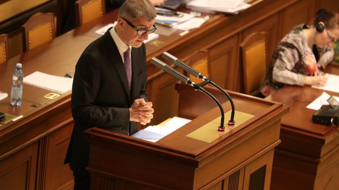 Premiér Andrej Babiš (ANO) ve Sněmovně při projednávání návrhu zákona o státním rozpočtu (4. 12. 2019)