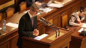 Premiér Andrej Babiš (ANO) ve Sněmovně při projednávání návrhu zákona o státním rozpočtu (4. 12. 2019)