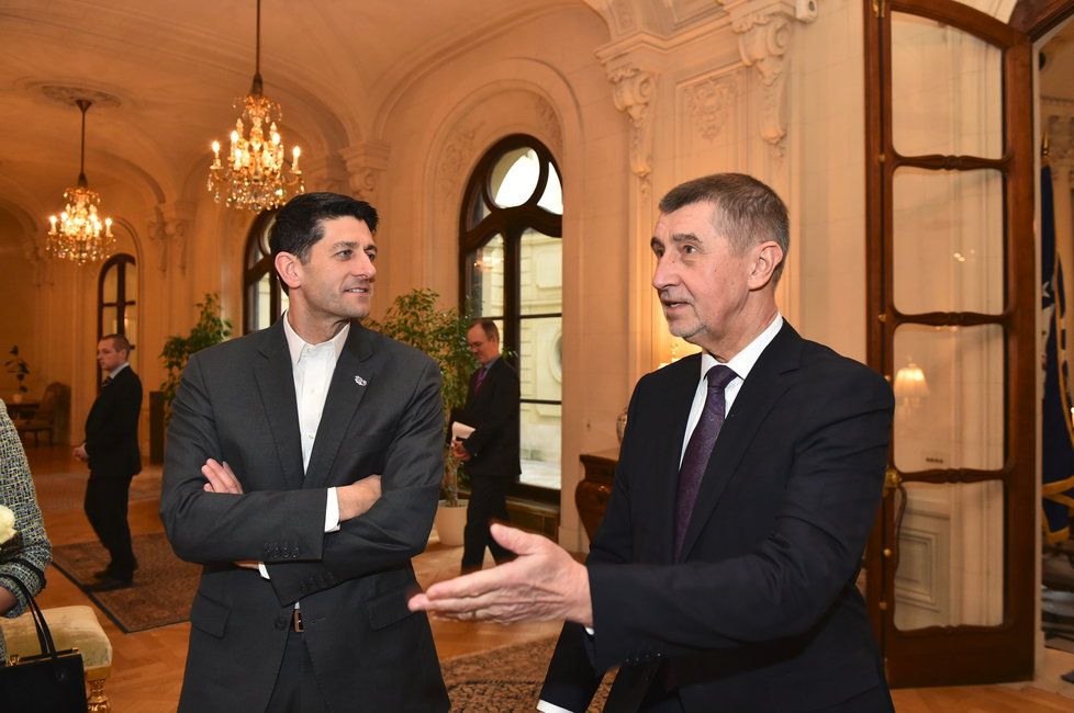 Premiér v demisi Andrej Babiš na večeři s Paulem Ryanem, šéfem Sněmovny reprezentantů USA (26. 3. 2018)