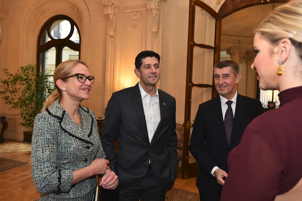 Premiér v demisi Andrej Babiš na večeři s Paulem Ryanem, šéfem Sněmovny reprezentantů USA, a partnerkami (26. 3. 2018)