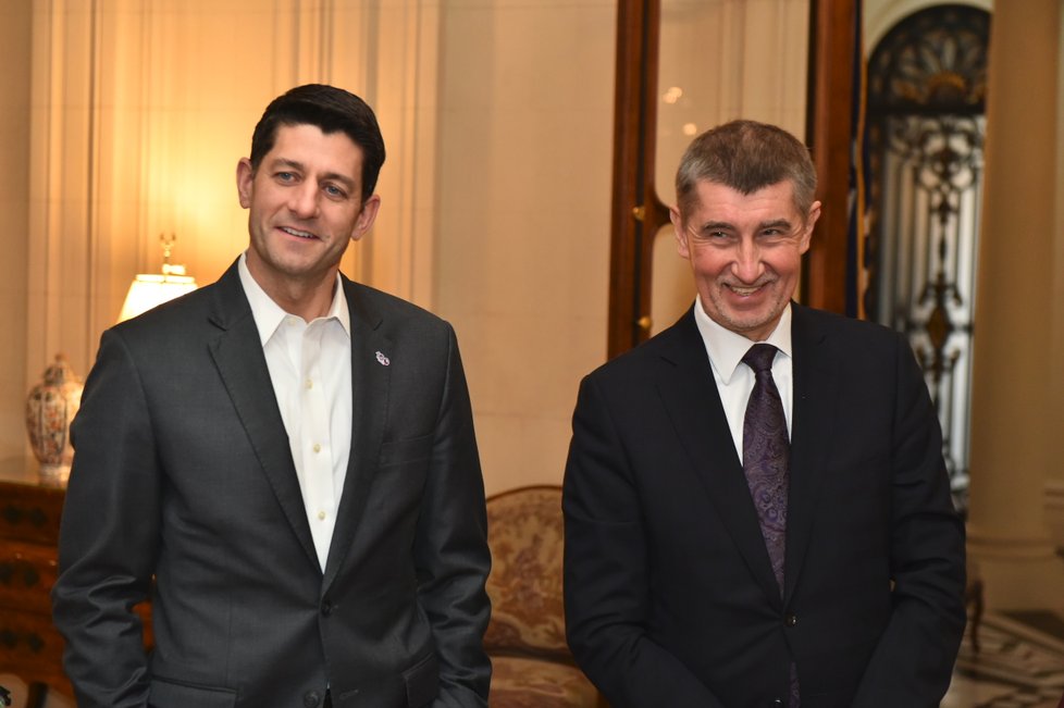 Premiér v demisi Andrej Babiš na večeři s Paulem Ryanem, šéfem Sněmovny reprezentantů USA (26. 3. 2018)