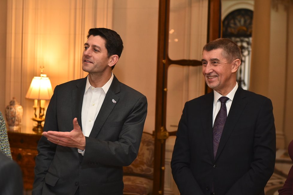 Premiér v demisi Andrej Babiš na večeři s Paulem Ryanem, šéfem Sněmovny reprezentantů USA (26. 3. 2018)