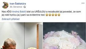 Premiér Andrej Babiš (ANO), šéfka Evropské komise Ursula von der Leyenová a kytice od Ivana Šablatúry. Její autor k tomu učinil milý komentář.