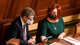 Premiér Andrej Babiš (ANO) a vicepremiérka Alena Schillerová ve Sněmovně při jednání o prodloužení nouzového stavu (26. 2. 2021)
